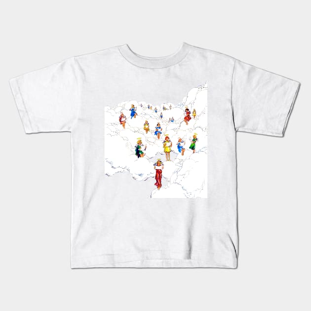 merry christmas in the clouds angels singing carols in heaven comic retro vintage Kids T-Shirt by REVISTANGO